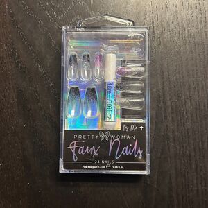 New Pretty Woman Clear Glitter Purple Black Silver Faux Nails 24 Set & Nail Glue